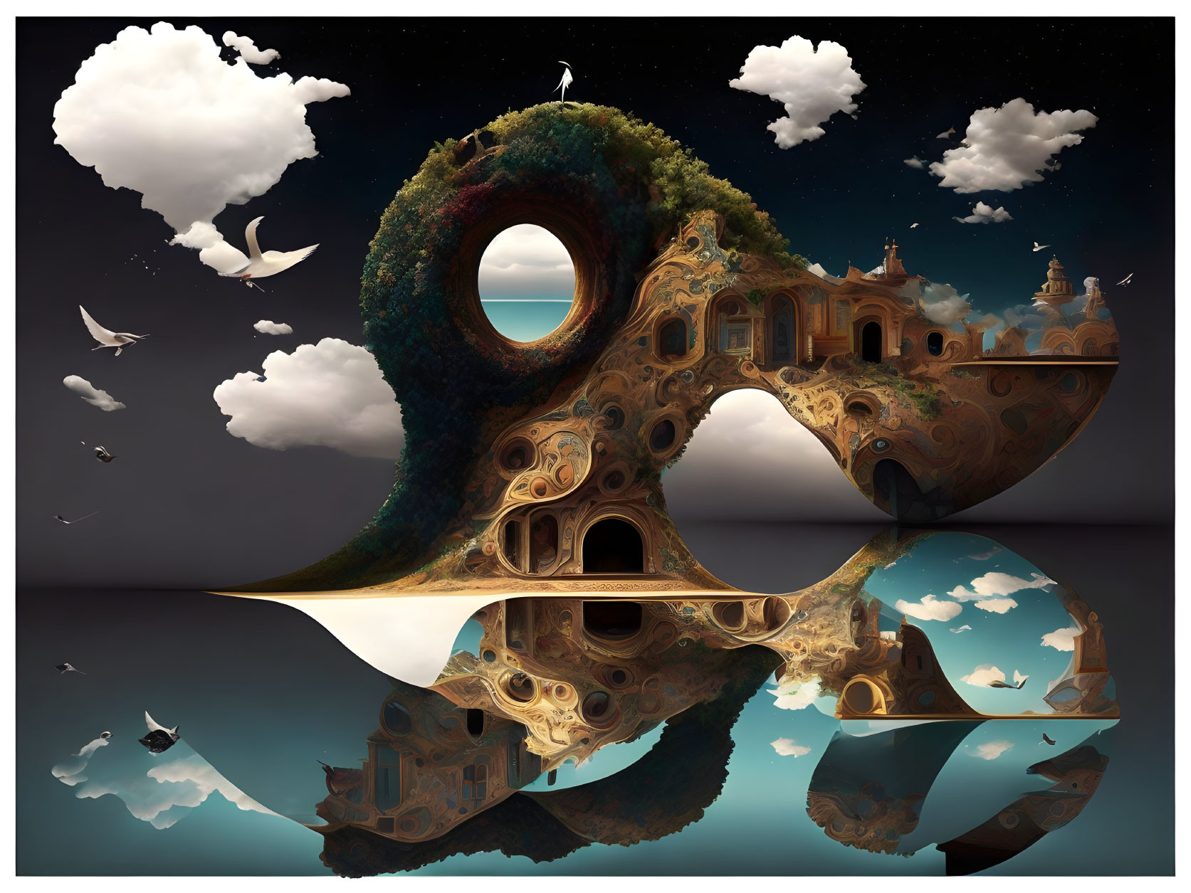 Fantastical surreal artwork: structure with arches, eye-like openings, clouds, birds, twilight