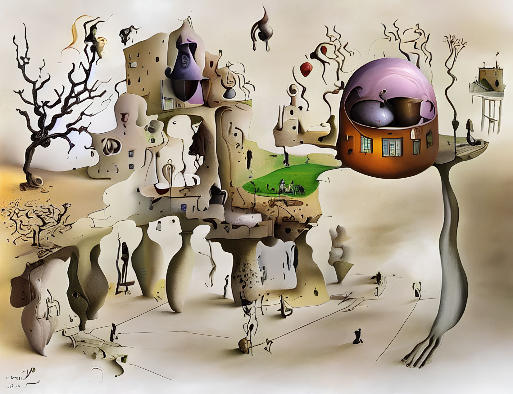 Abstract surreal artwork: floating island, whimsical structures, sphere with glasses, muted earthy tones