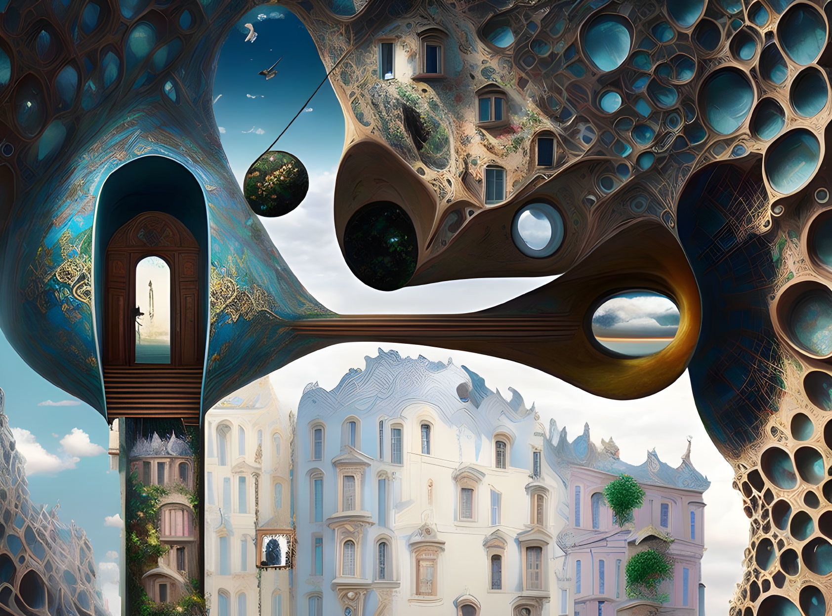 Surrealistic landscape with organic structures and floating orbs.