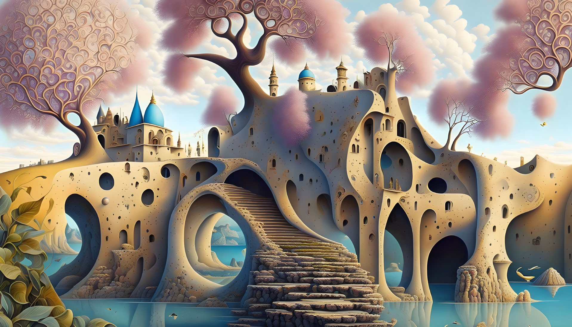 Whimsical fantasy landscape with castle, arched bridge, and balloons