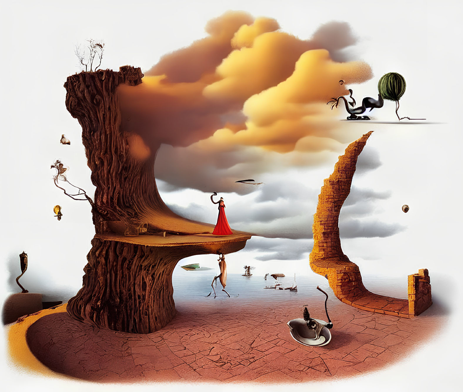 Surreal landscape with tree stump, curved structures, fantastical beings, red-cloaked figure