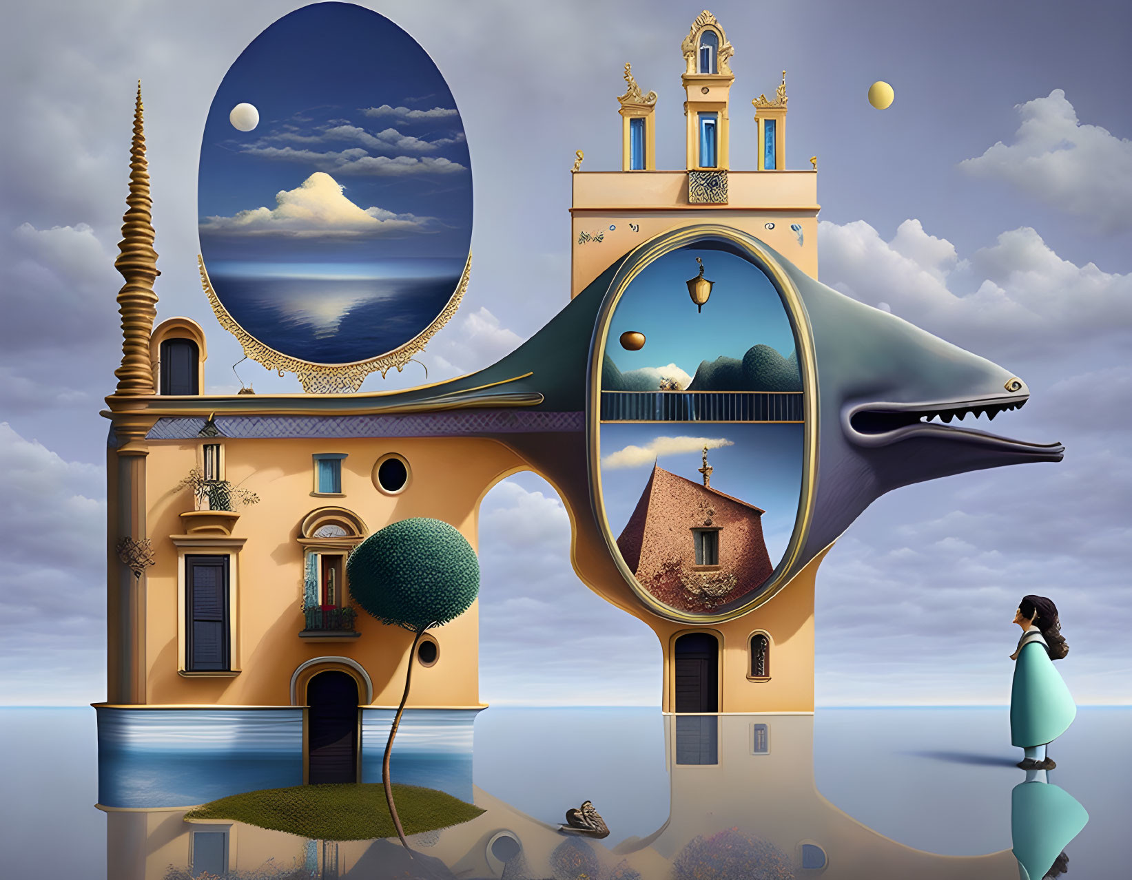 Surreal artwork of woman, whale-headed building, orbs in serene sky