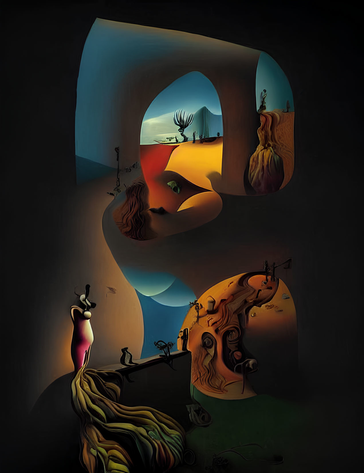 Surreal desert landscape with twisted shapes and melting clocks