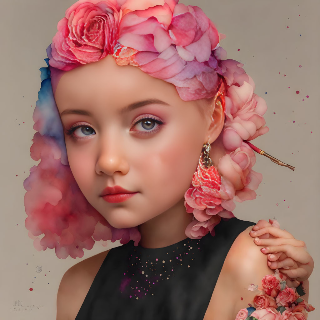 Young girl portrait with floral headband and blue eyes in whimsical setting