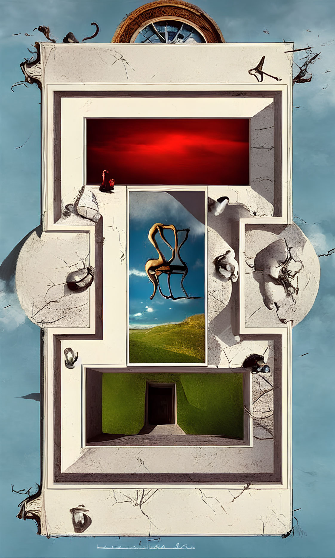Vertical Surrealist Artwork Featuring Windows, Chairs, Doors, Climbing and Falling Figures