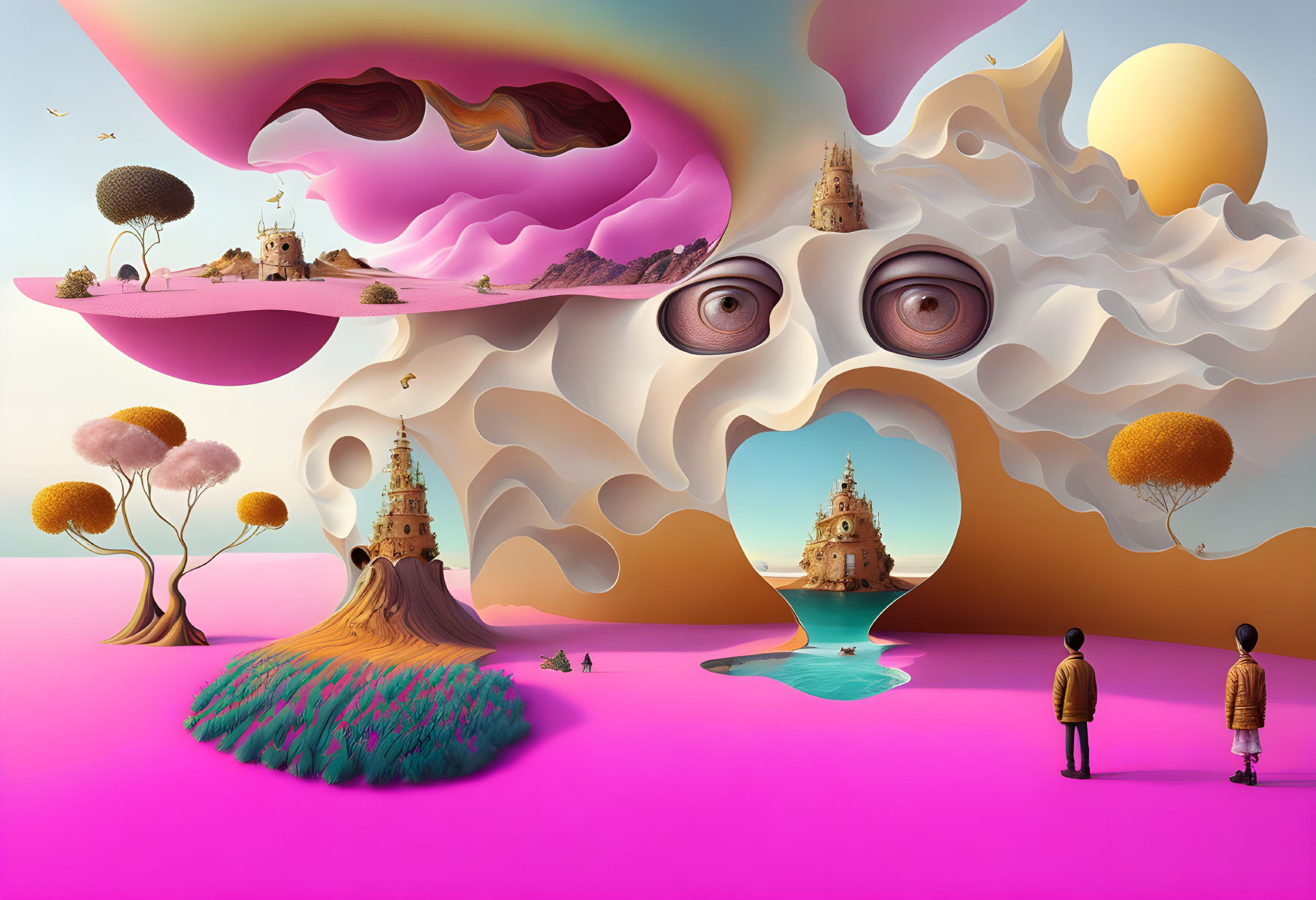 Surreal landscape with face-shaped structure, vibrant trees, castles, and figures under pastel