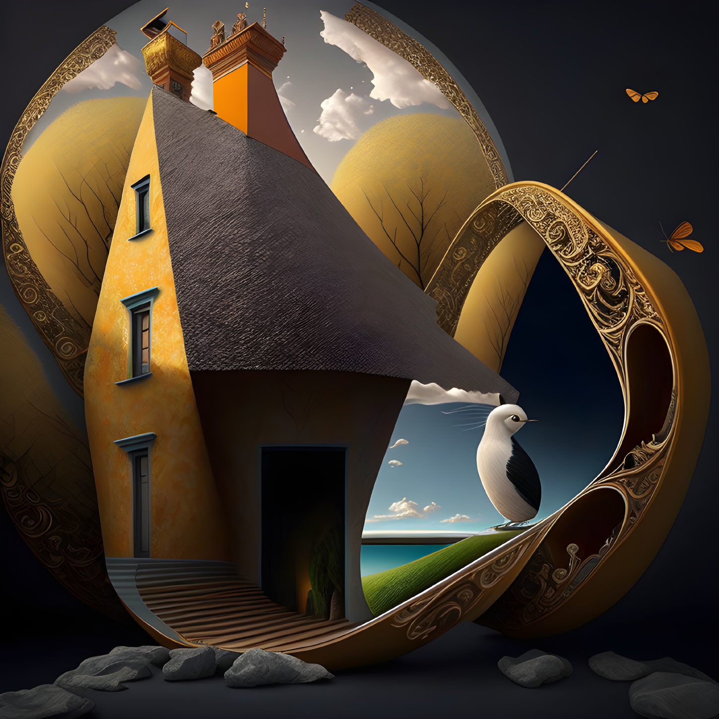 Surreal artwork with egg-shaped structure and cottage under dusky sky