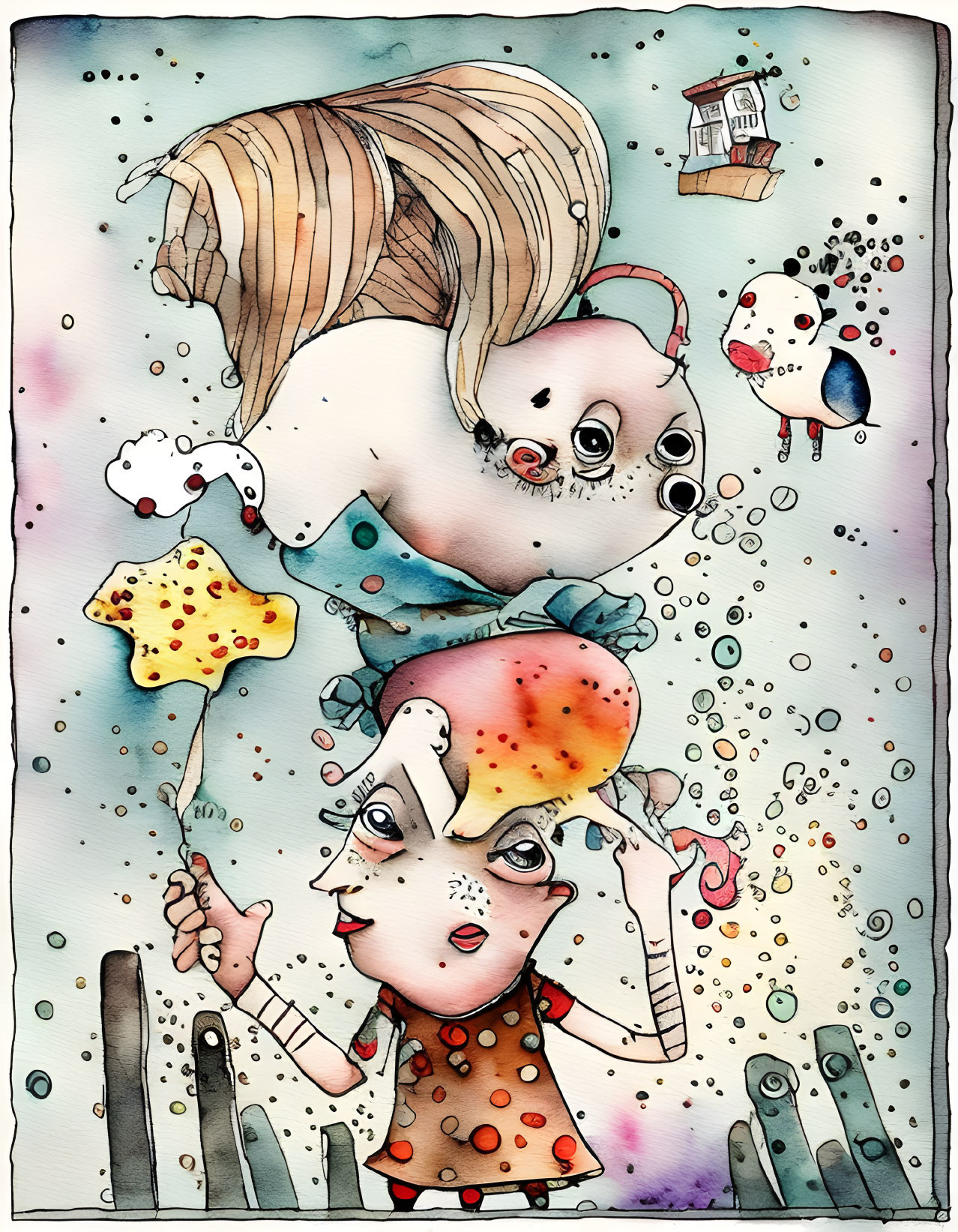 Colorful Watercolor Illustration: Girl Underwater with Sea Creatures and Floating House