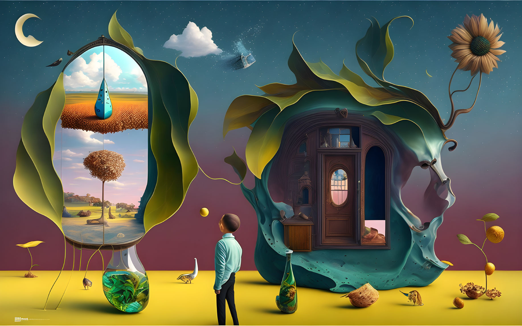 Surreal Artwork Featuring Nature, Space, and Domestic Life Blend