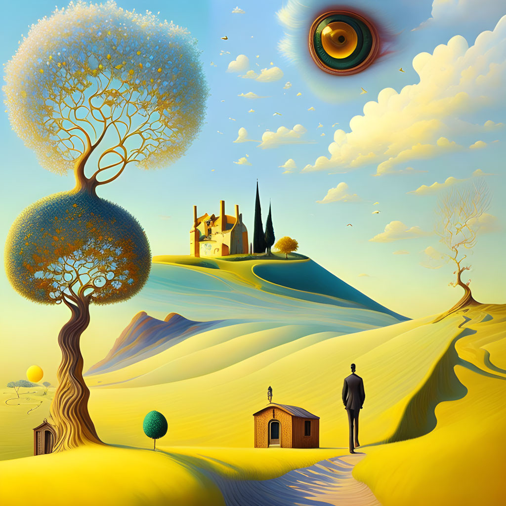 Vibrant surreal landscape with man, castle, whimsical trees, floating eye