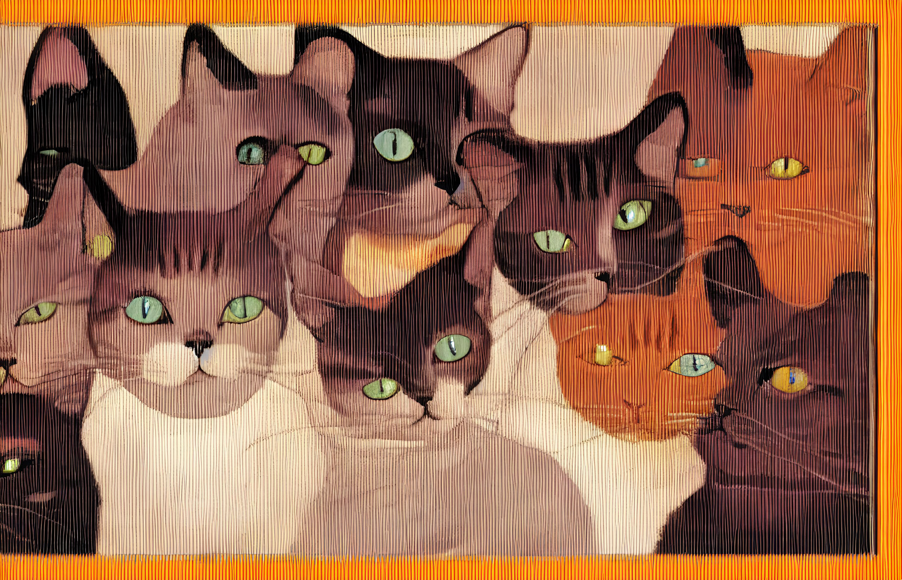 Group of stylized cats with expressive green eyes on orange background