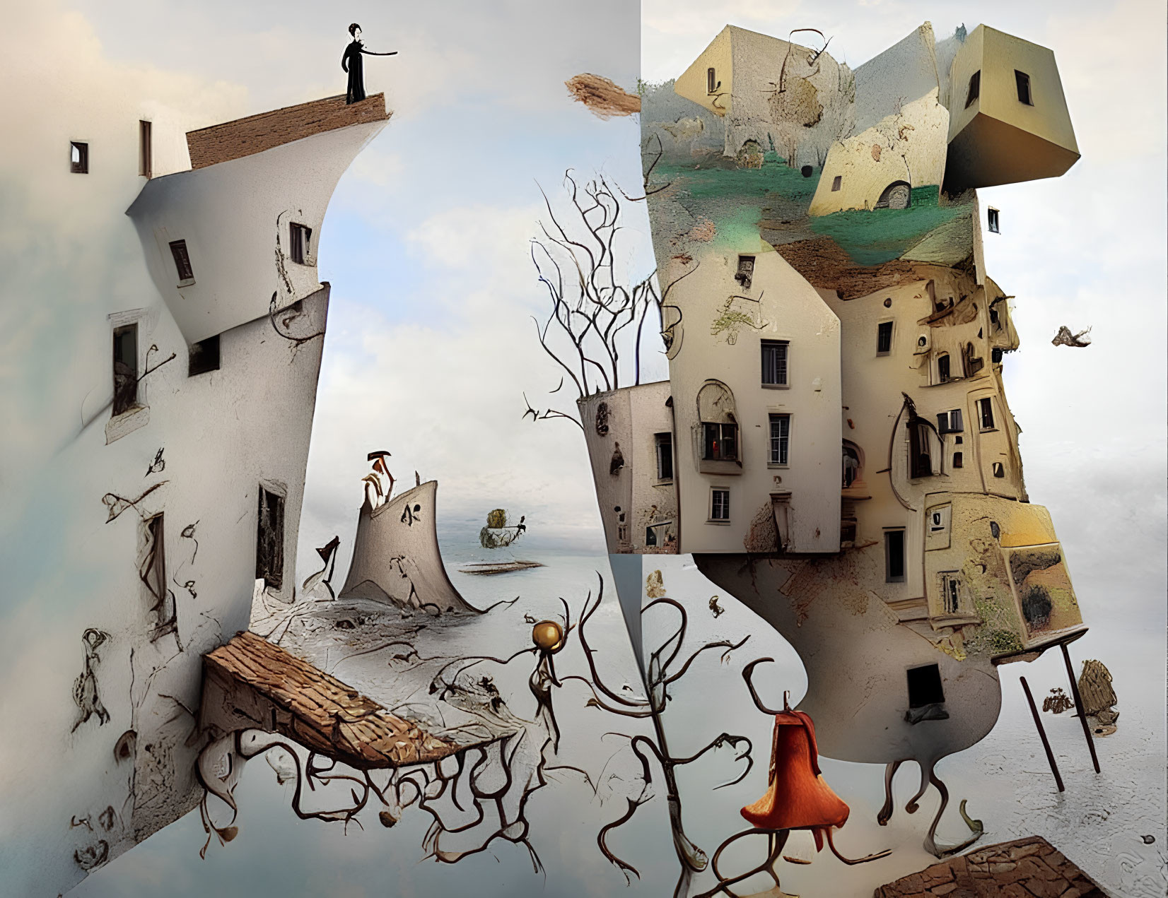 Surreal architecture and nature blend in disjointed scene with floating islands and whimsical elements