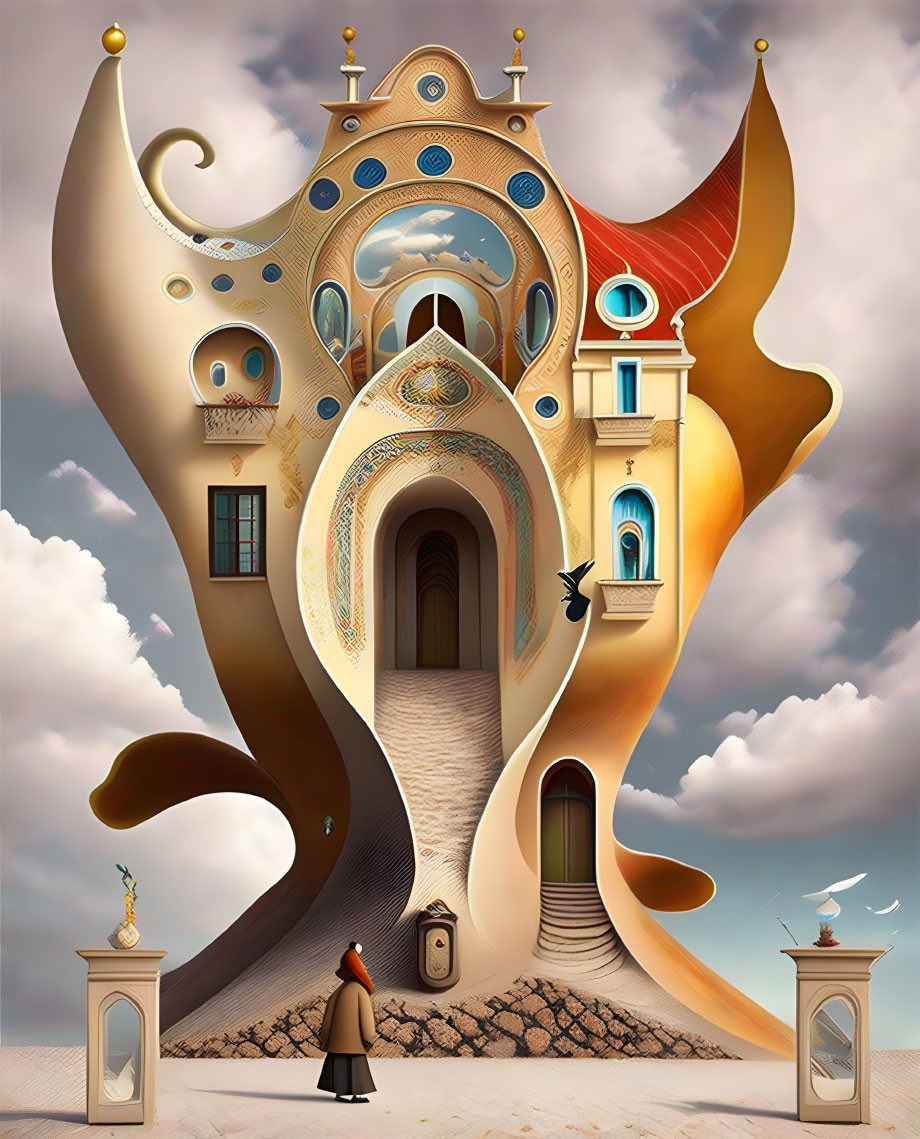 Whimsical organic-shaped building with arches, domes, and figure in cloak