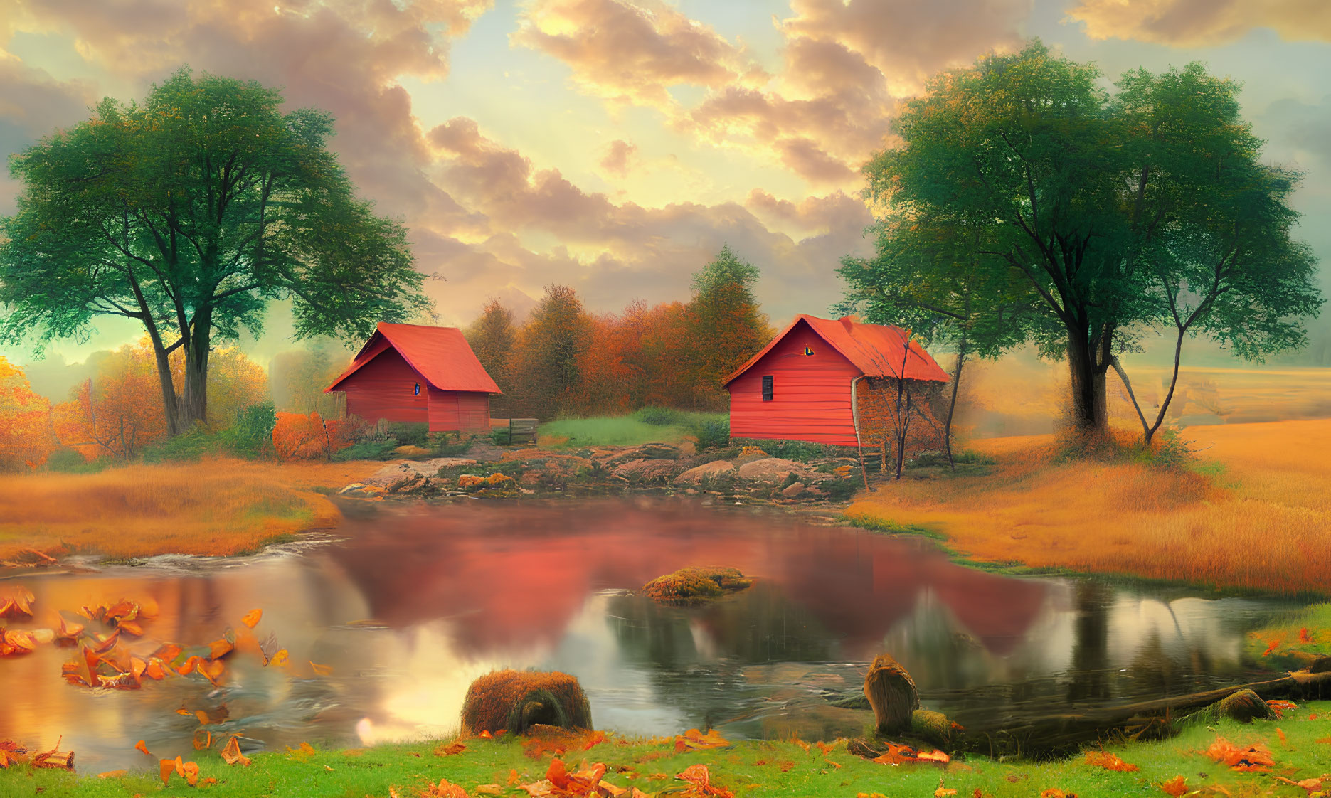 Serene autumn landscape with red cabins, pond, fall foliage, and cloudy sky