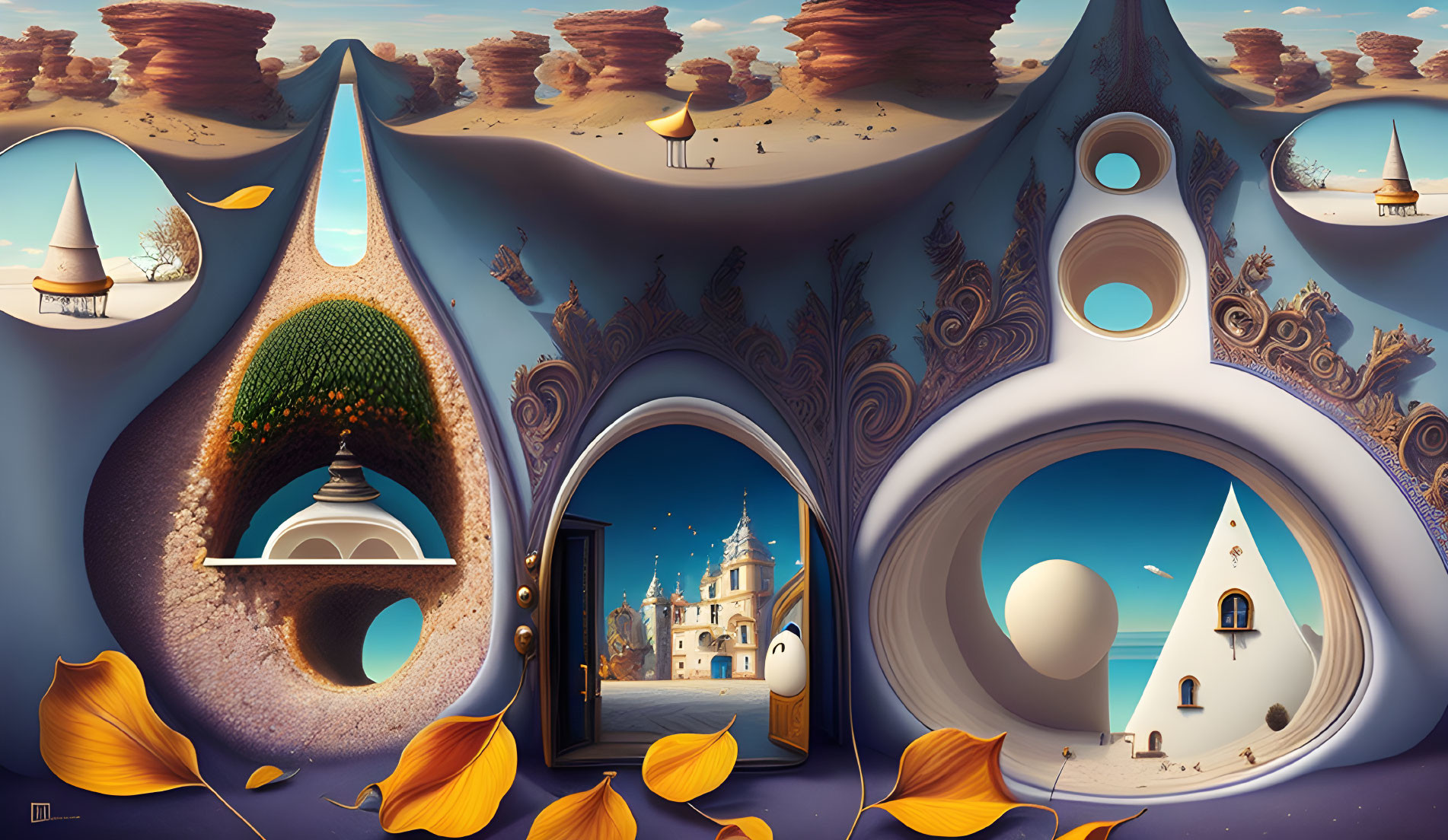 Whimsical surreal landscape with fantasy architecture and floating leaves