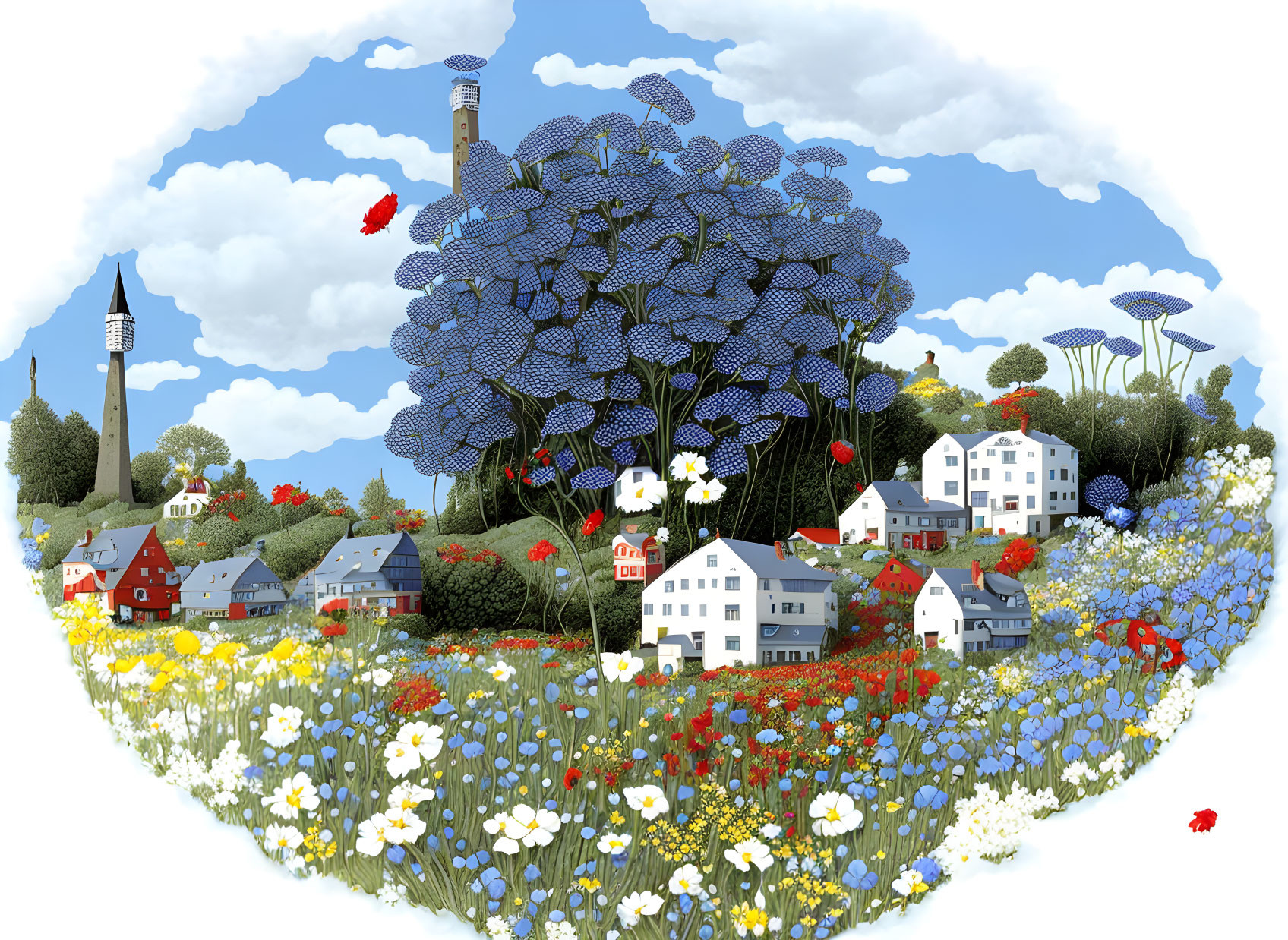 Whimsical village illustration with oversized blue flowers, traditional houses, and lighthouse