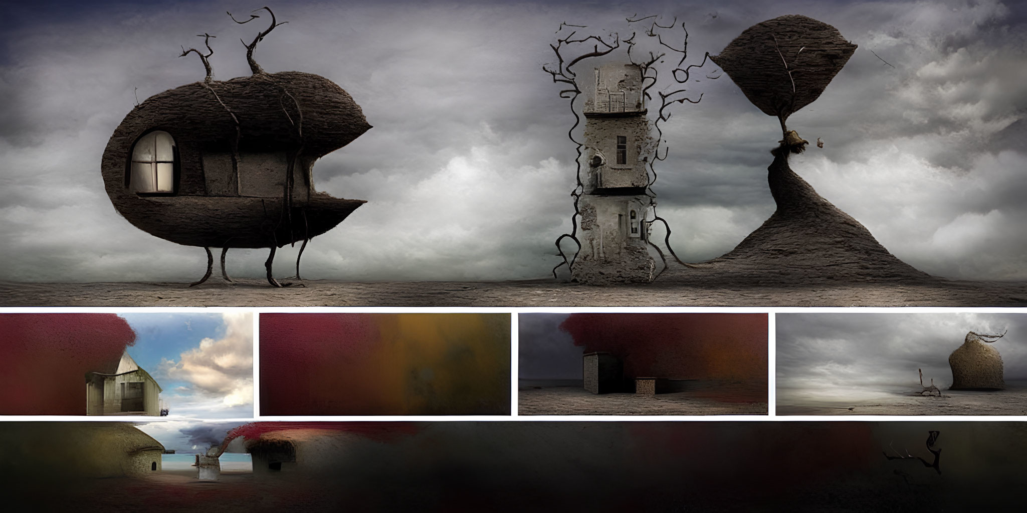 Surreal Landscape Featuring Tree-Like Structures, Tower with Branches, and Buildings Against Cloudy