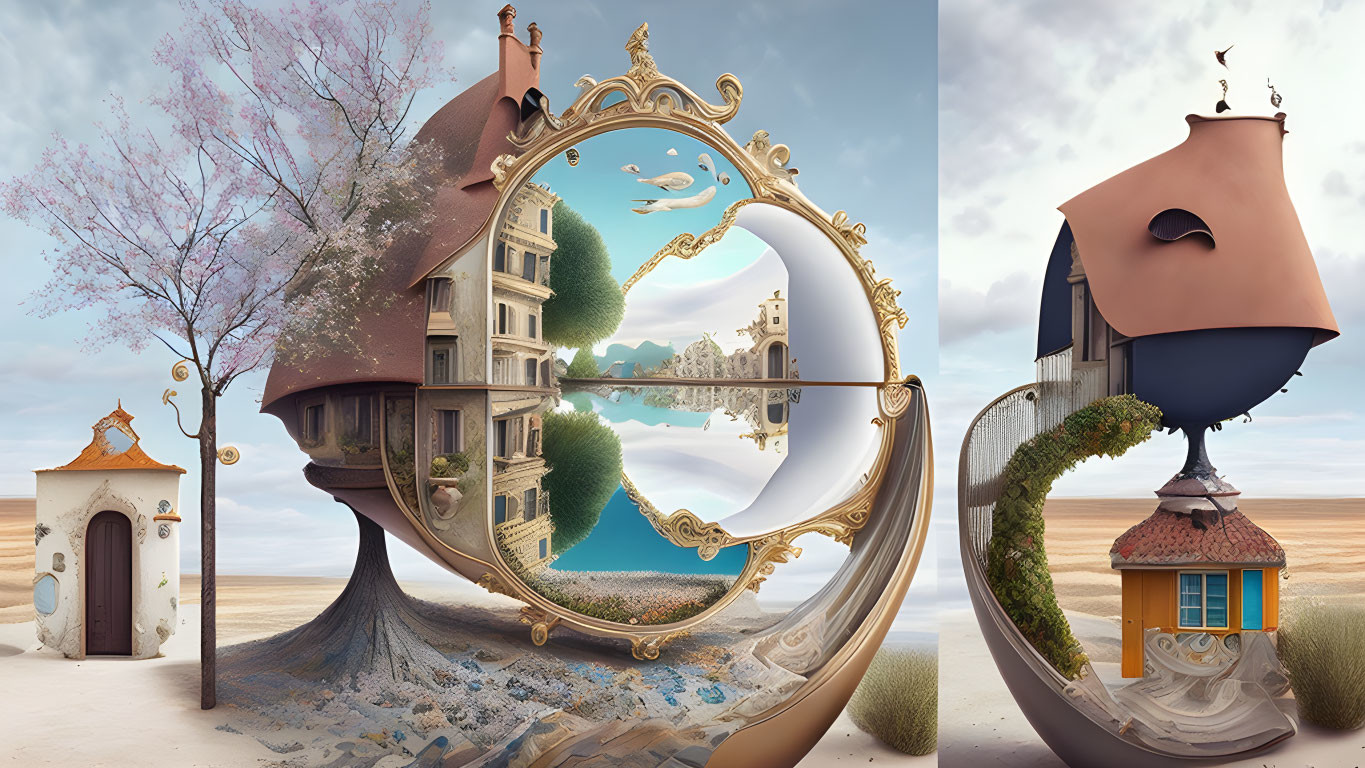 Surreal artwork: mirror reflects fantastical house in scenic landscape
