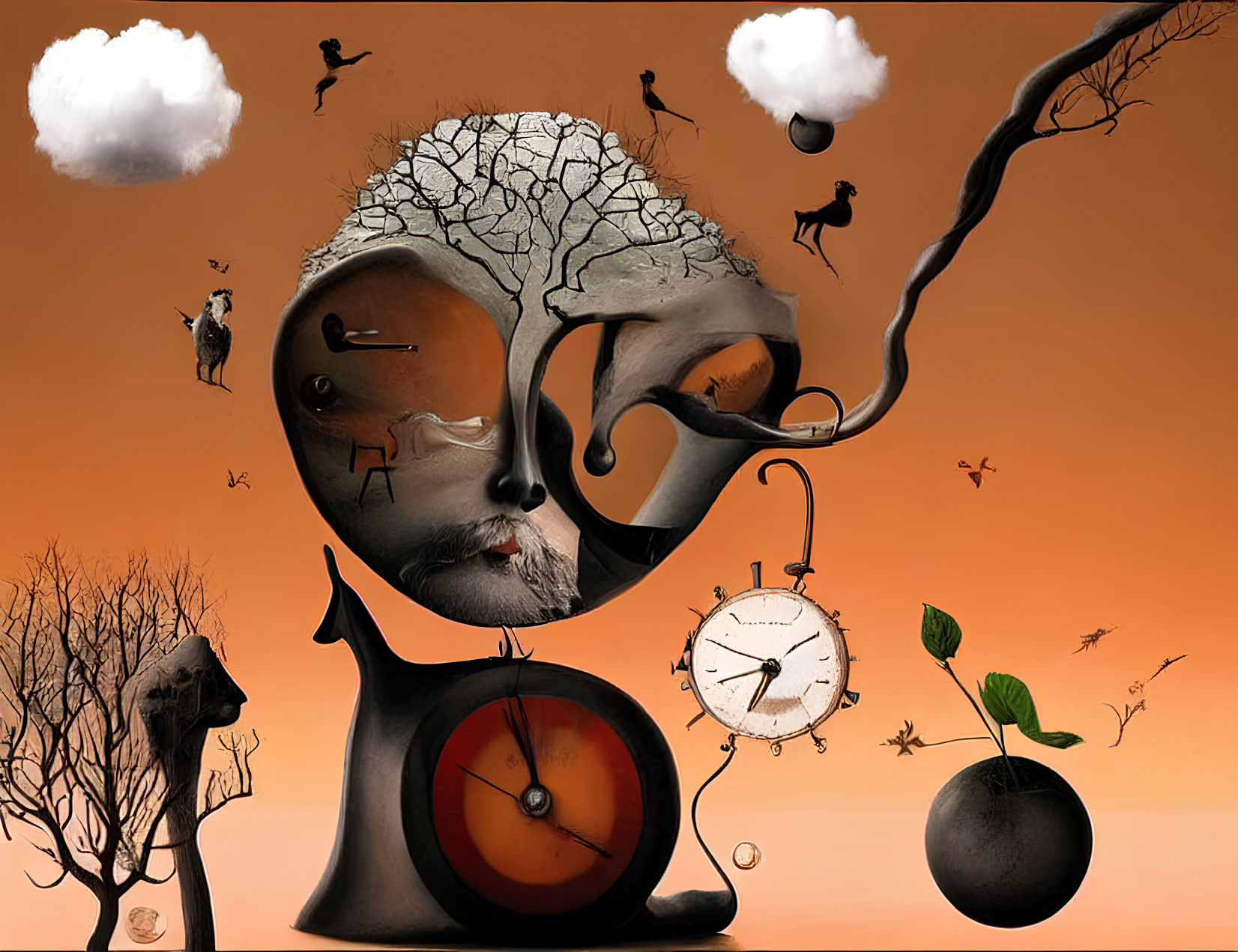 Surreal artwork with melting clock, blending face, black cat, and floating islands