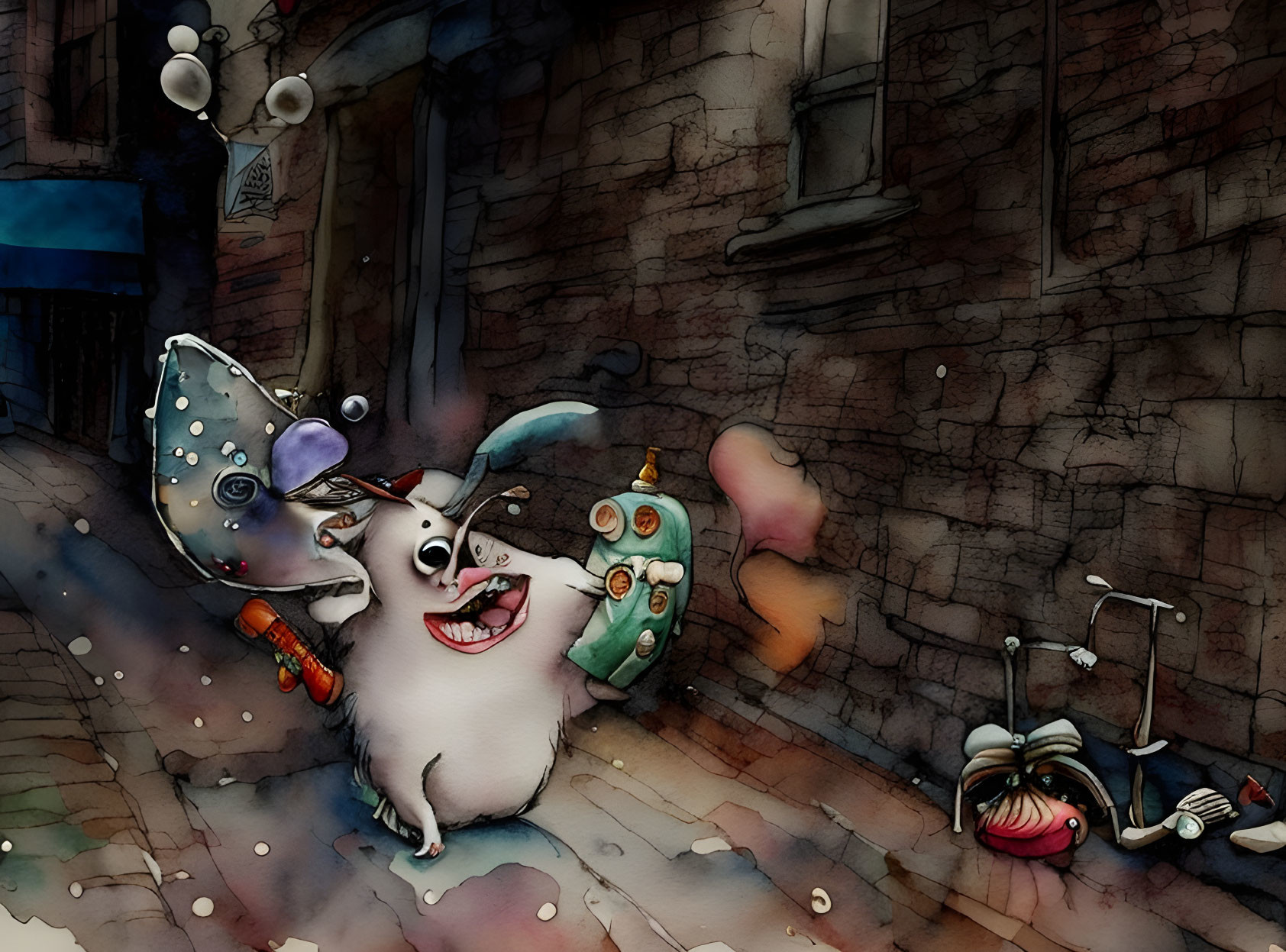 Ecstatic pig with pearl necklace and tiara splashing in puddle in narrow alley, disheart