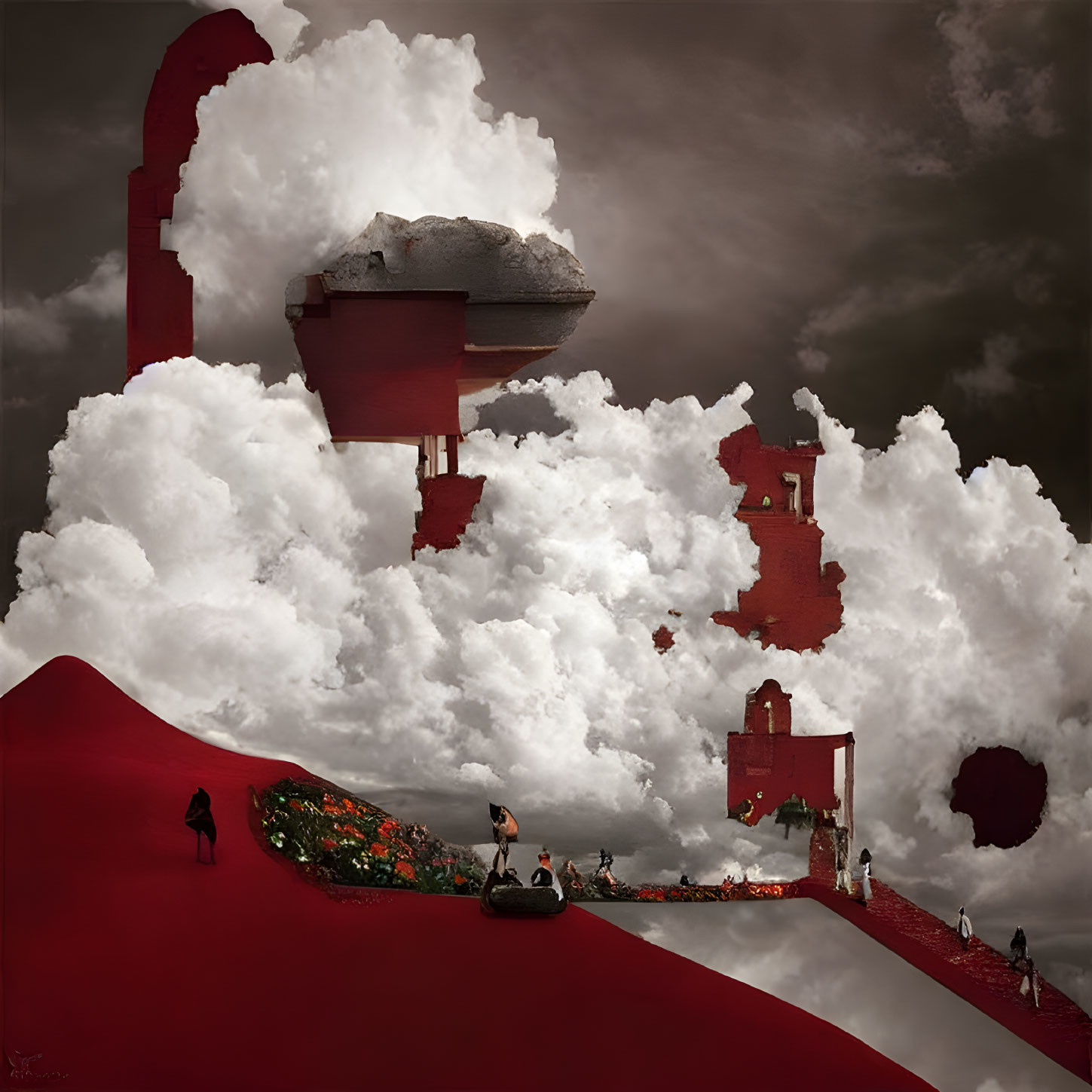 Surreal red hills and floating clouds with ruins, people in peaceful interactions