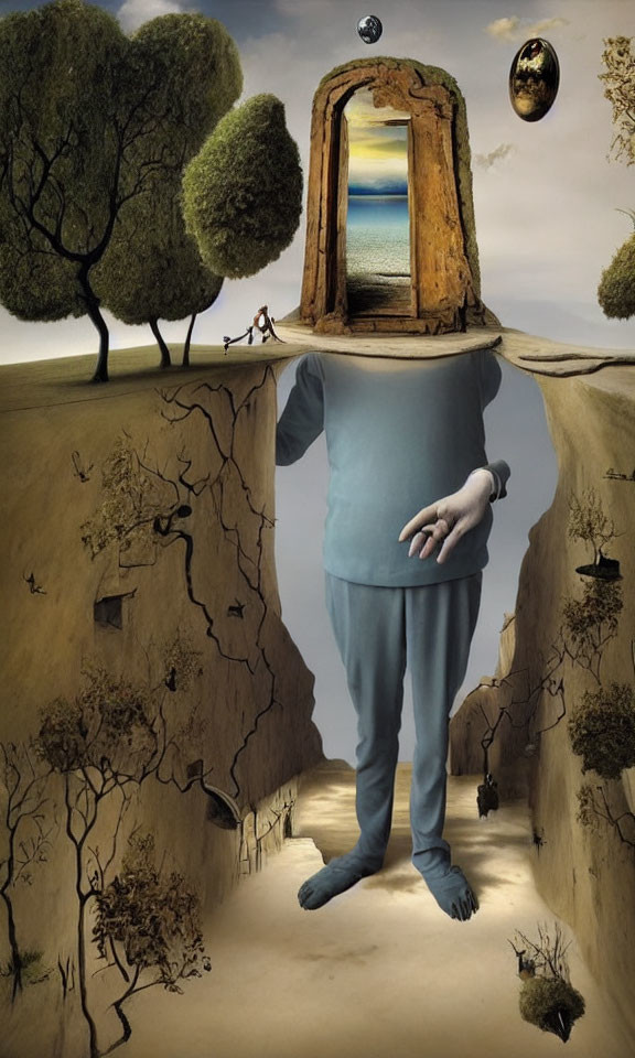 Surreal image: figure with door head, sea view, cracked landscape, orbs, trees