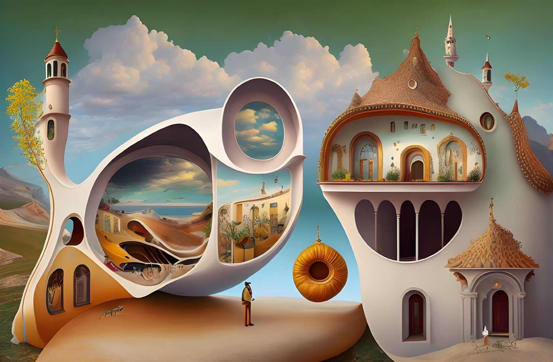 Surreal landscape with person and fantastical buildings blending traditional and abstract shapes.