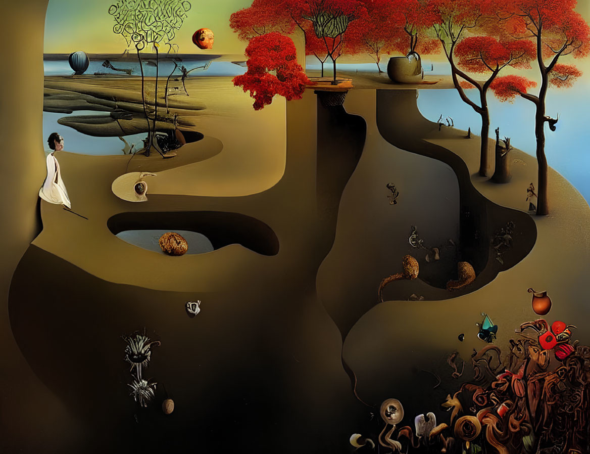 Surrealist landscape with autumnal trees, flowing paths, varied figures, and central white figure walking