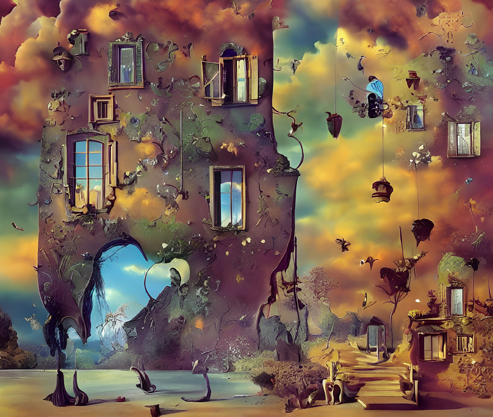 Surreal artwork with disjointed buildings and whimsical sky