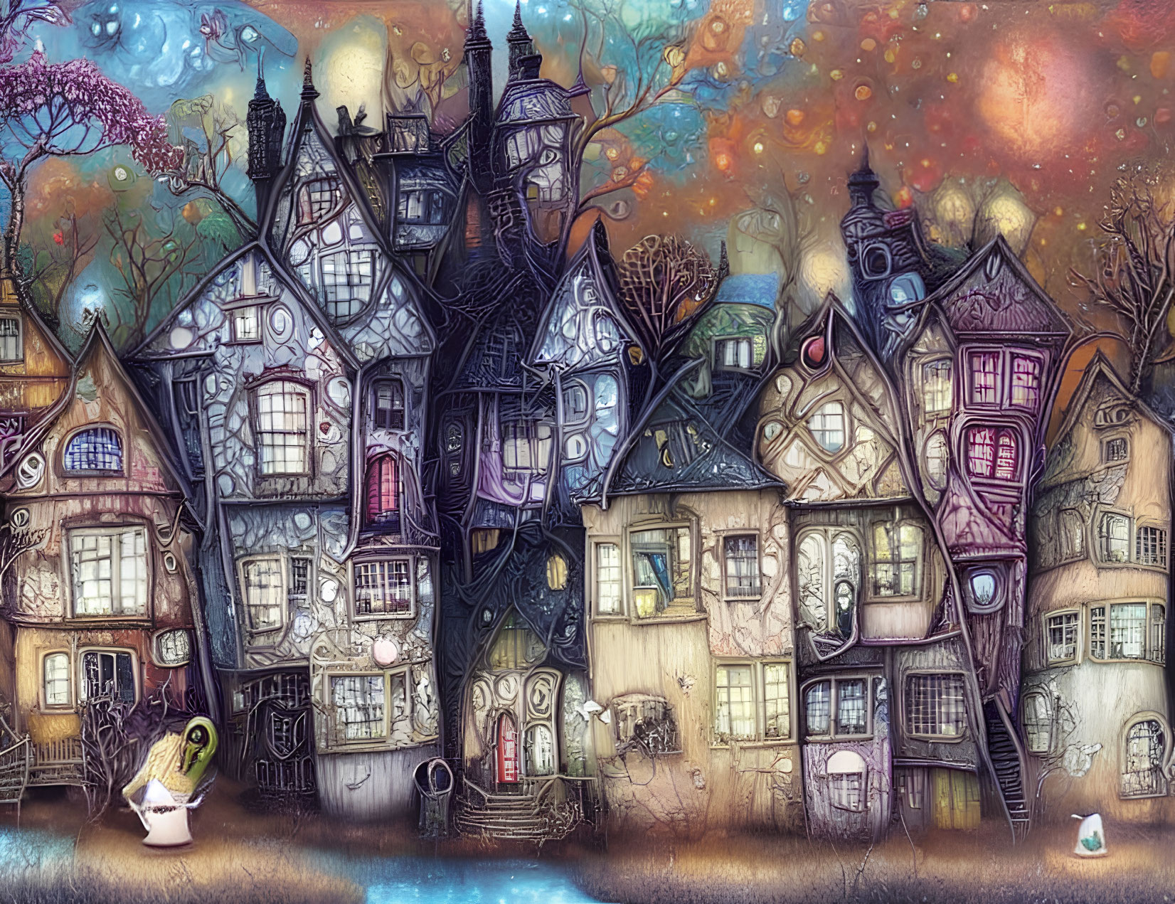 Colorful Whimsical Illustration of Crooked Houses and Floating Orbs