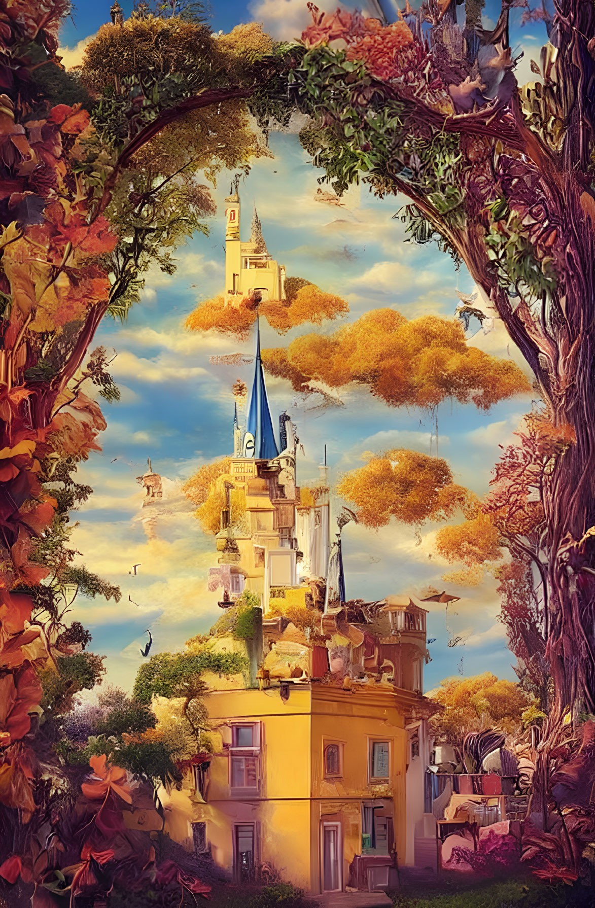 Vibrant yellow castle in whimsical fantasy landscape