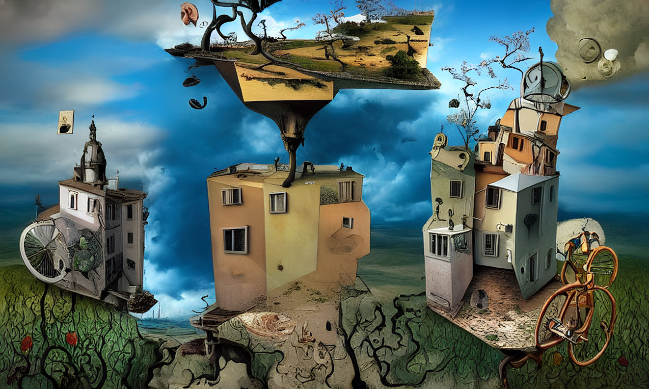 Surreal artwork: Floating islands, whimsical buildings, scattered items, dramatic sky