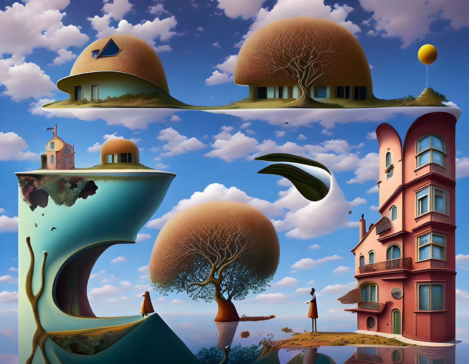 Whimsical floating islands with unique houses and lone figure by waterfall