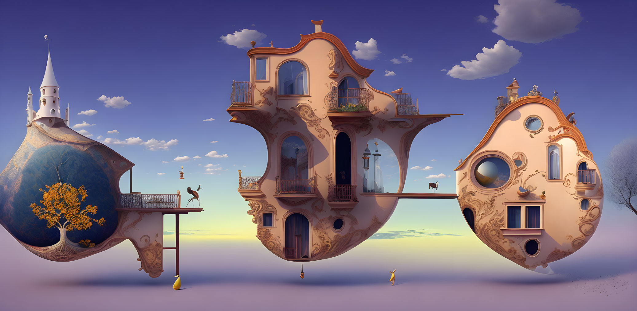 Whimsical surreal artwork: floating buildings, bridges, purple sky.