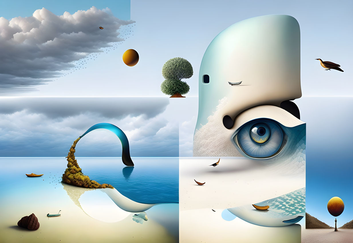 Surreal collage with human eye, trees, birds, boats, and whimsical character