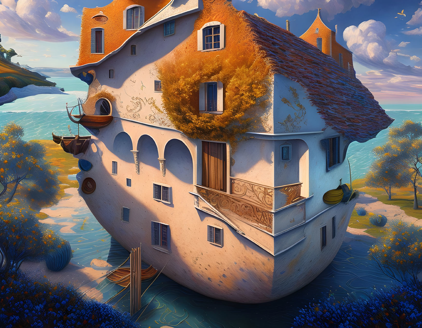 Large shoe-shaped house in blue flower landscape by calm sea at sunset