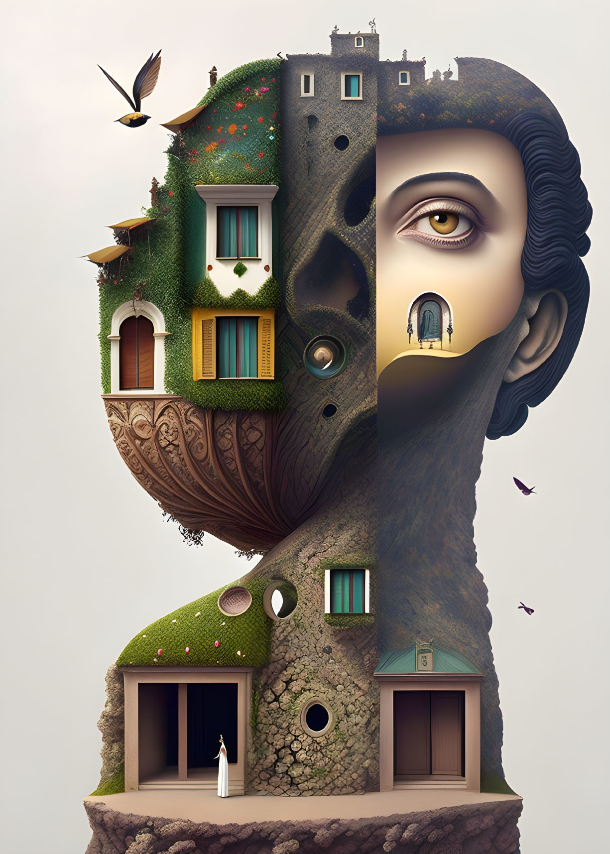 Surreal head-shaped building with floating woman and birds in artistic composition