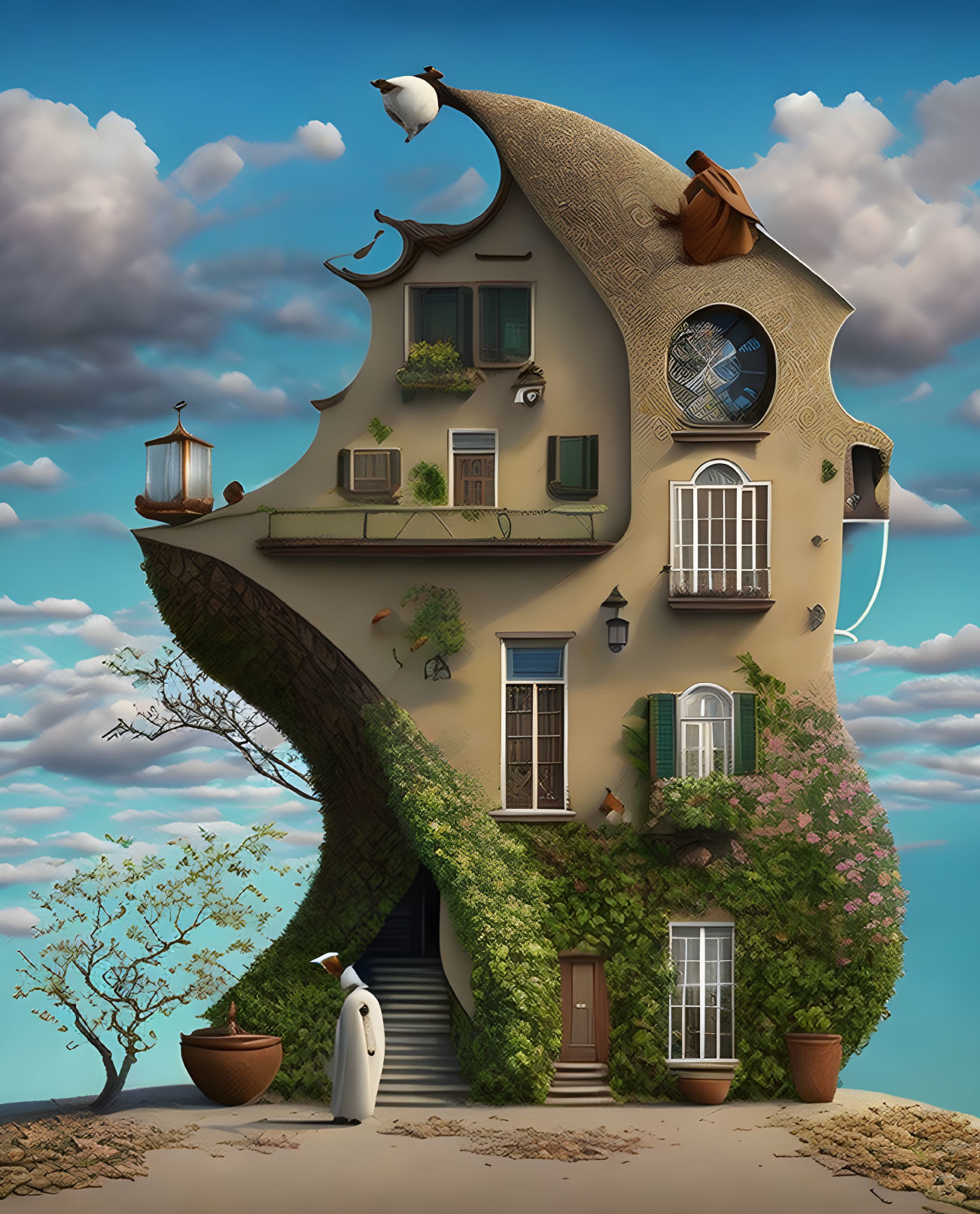 Curved vine-covered house with bird and figure under cloudy sky