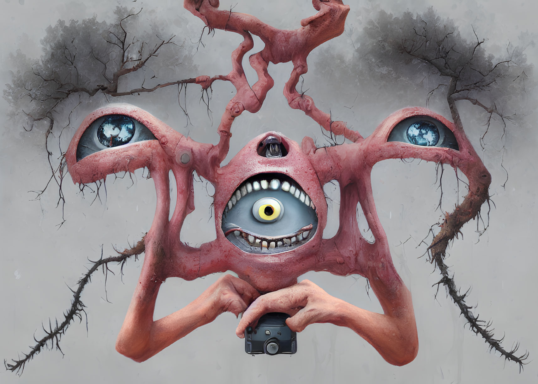 Surreal creature with multiple eyes and twisted tree branches for limbs on grey backdrop.