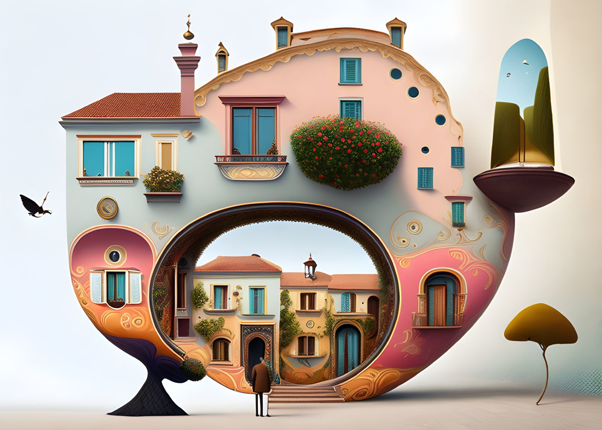 Surreal snail-shaped house illustration with ornate details