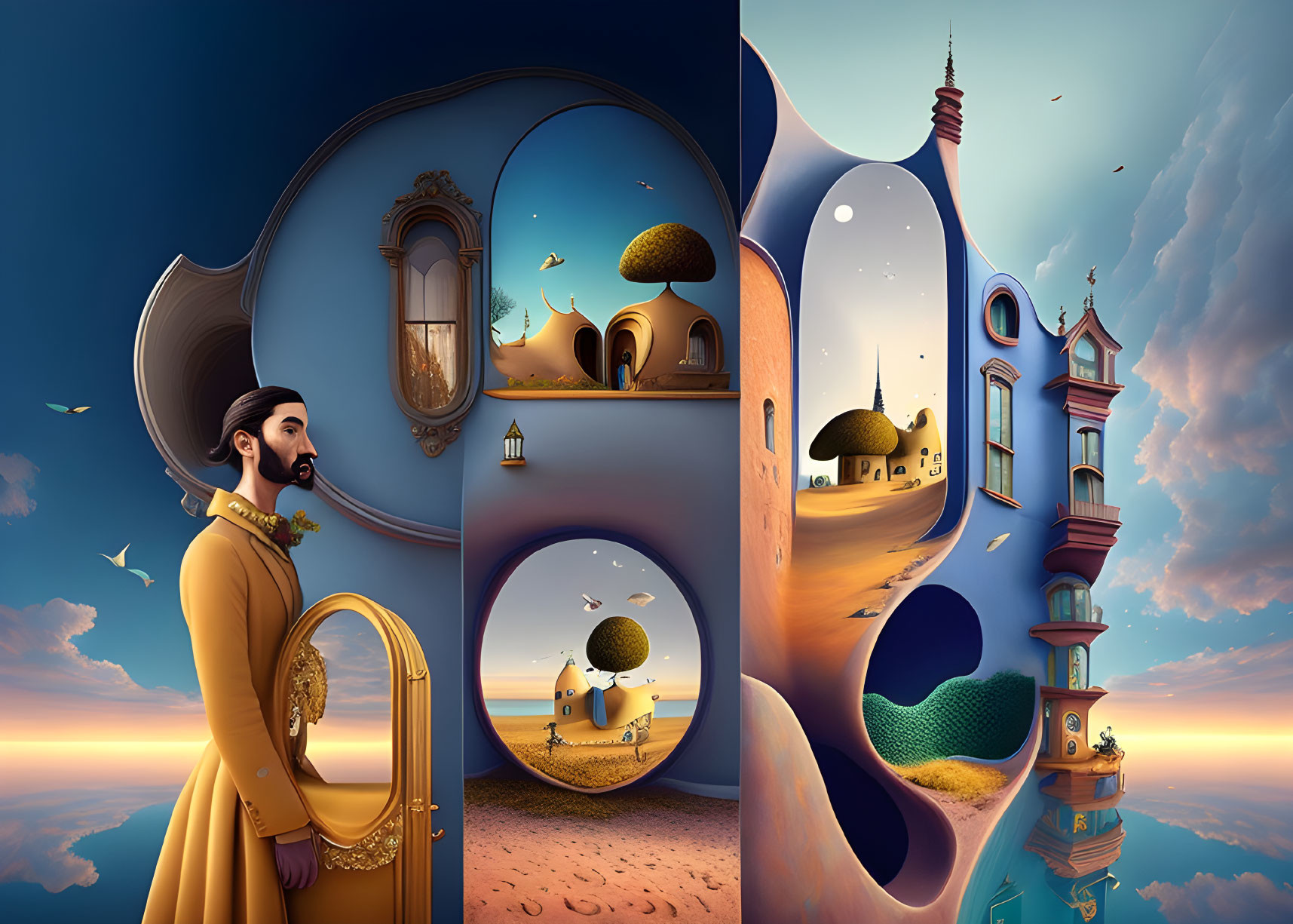 Digital artwork: Serene sunset meets architectural dreamscape with regal silhouettes