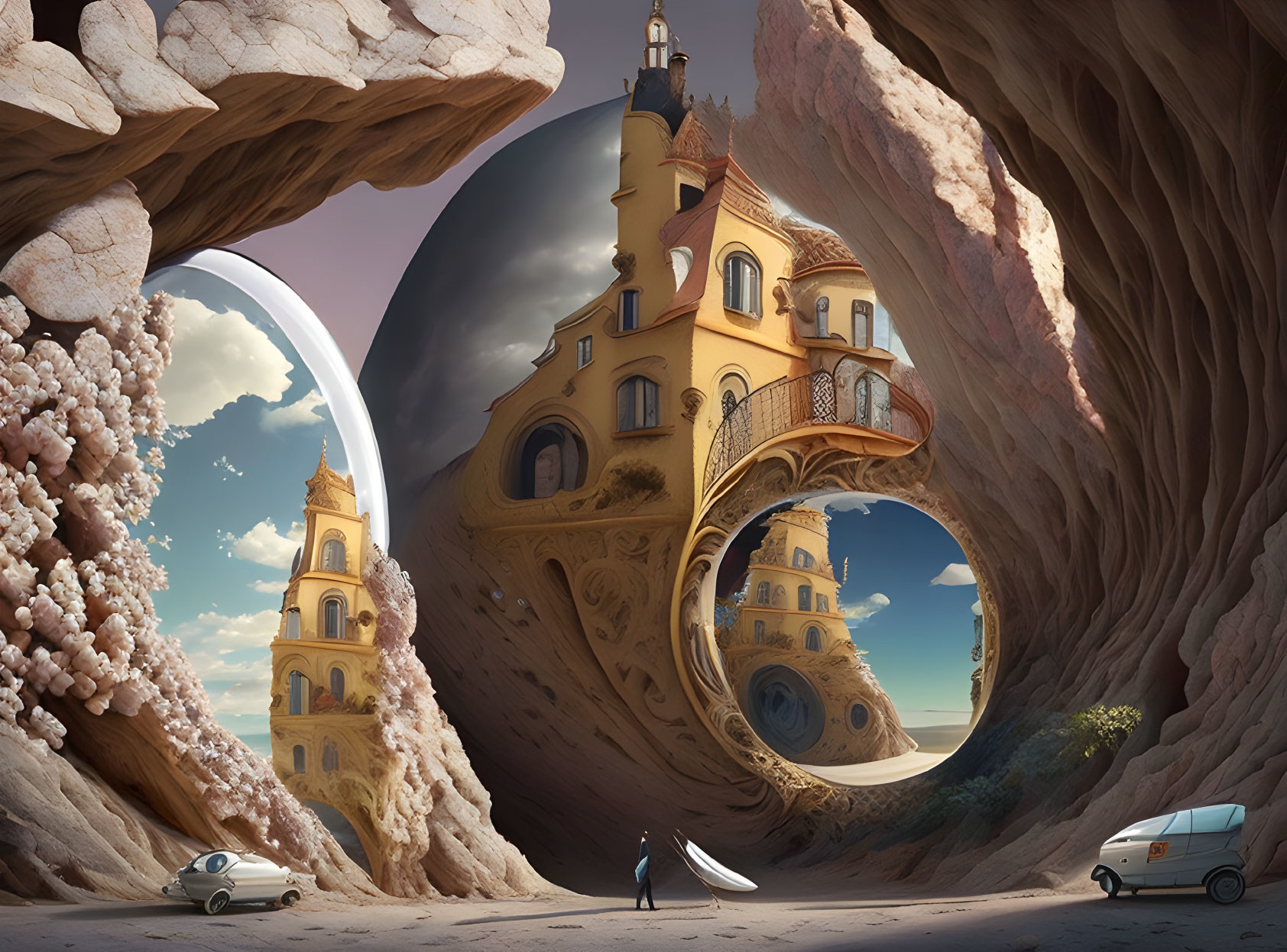 Surreal landscape with circular portal, reflective sphere, fantastical buildings, vehicles in cavern
