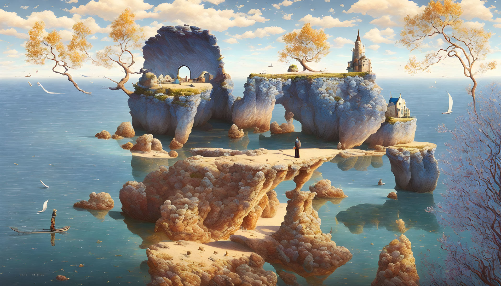 Fantastical seascape with floating islands, autumn trees, boat, people, and birds.