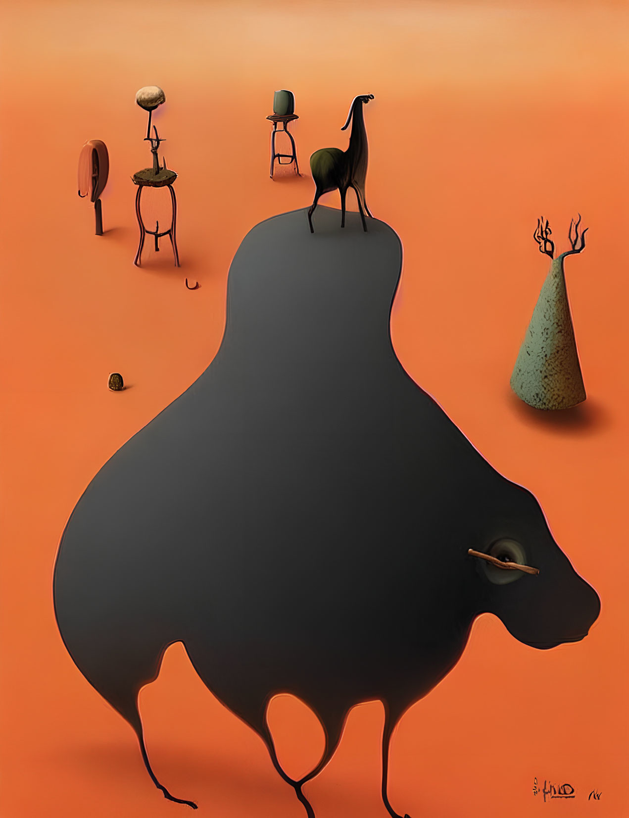 Surreal artwork featuring shadowy pear-shaped figure, chairs, creature on cone-shaped hill, against