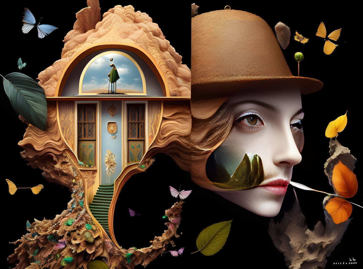 Surreal artwork: Woman's face in tree structure with door, butterflies, and circular window
