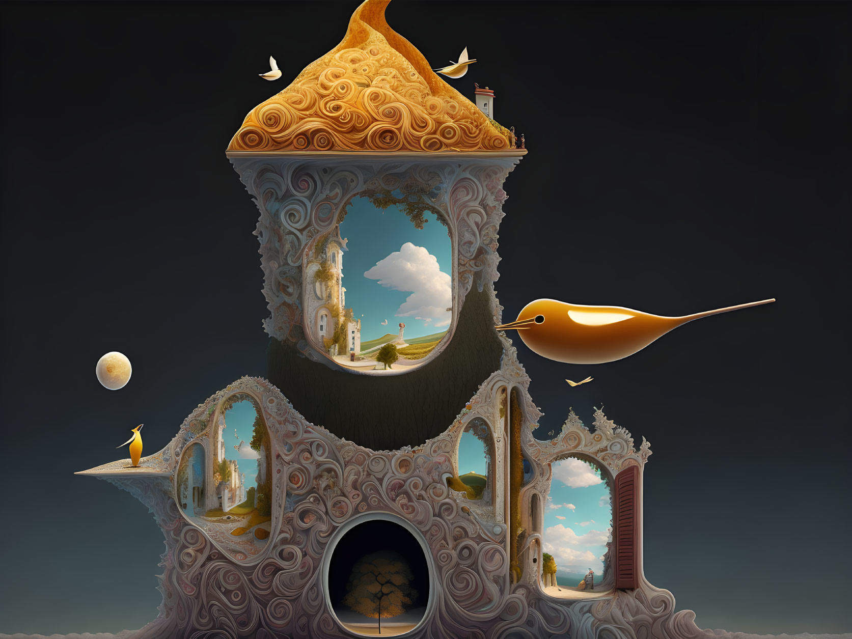 Fantastical surreal tower with bird-like arches in cloudy sky