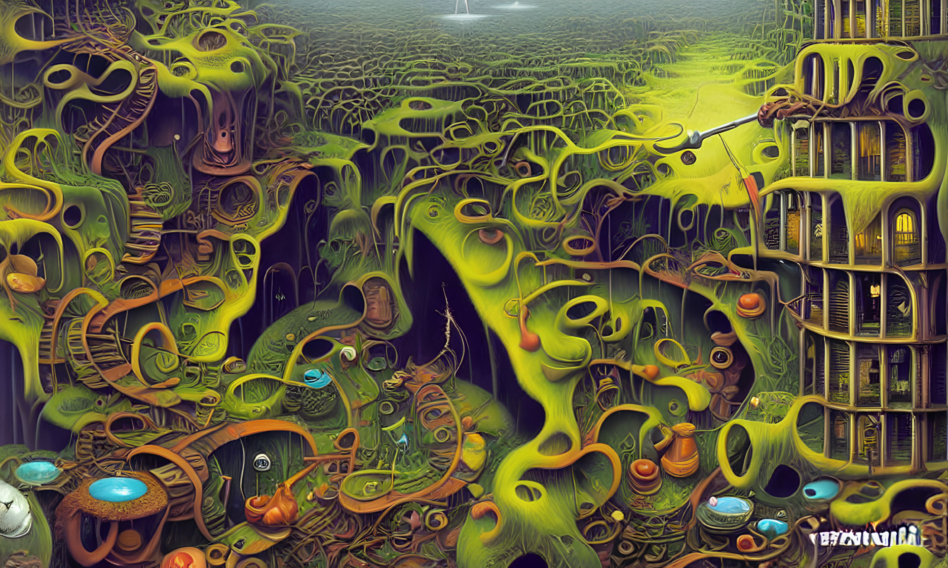 Vibrant Green and Yellow Psychedelic Landscape with Surreal Elements