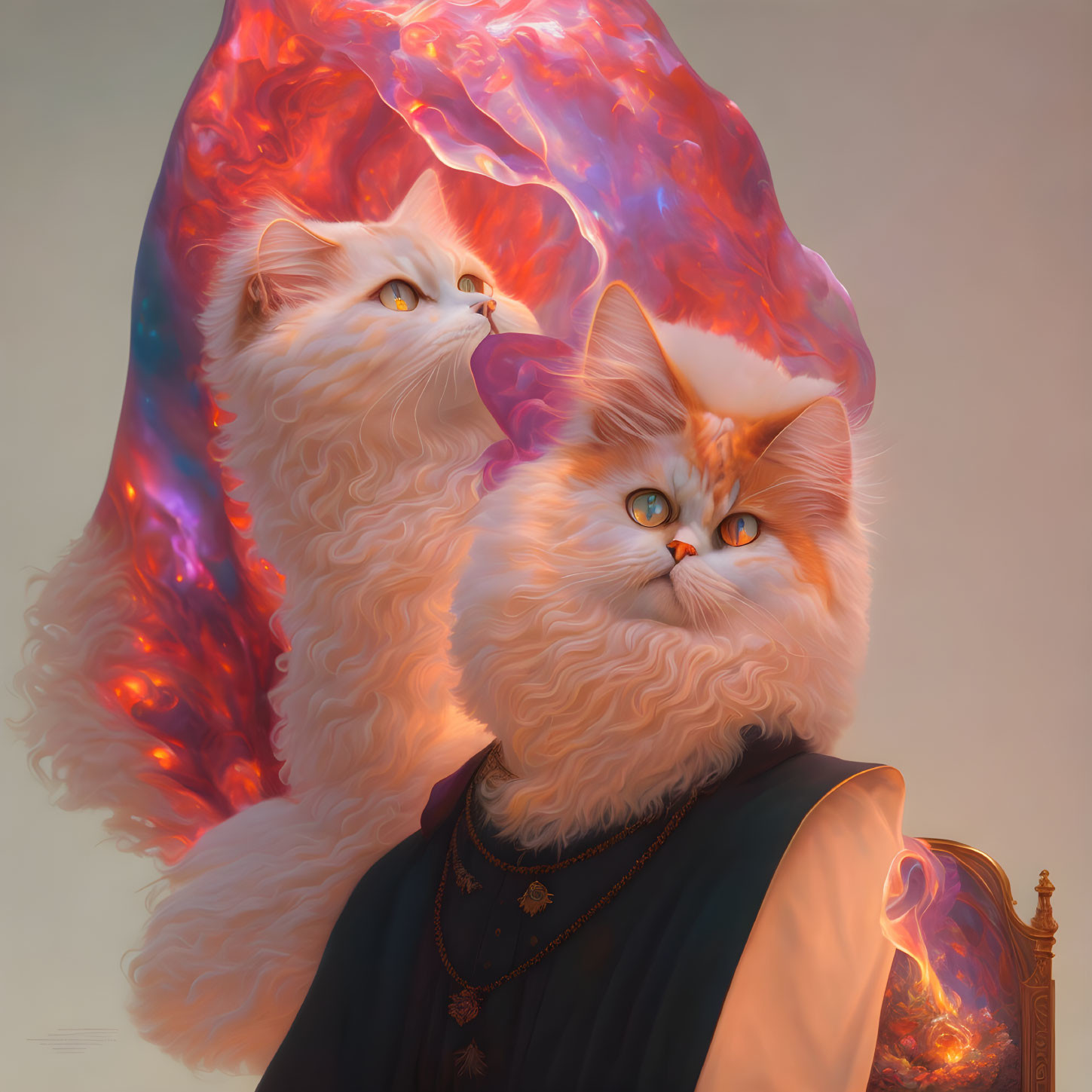 Majestic white fluffy cats in royal attire with amber eyes on colorful backdrop