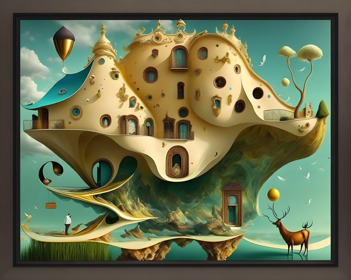 Organic and whimsical surreal building with floating elements and a stag in wooden frame
