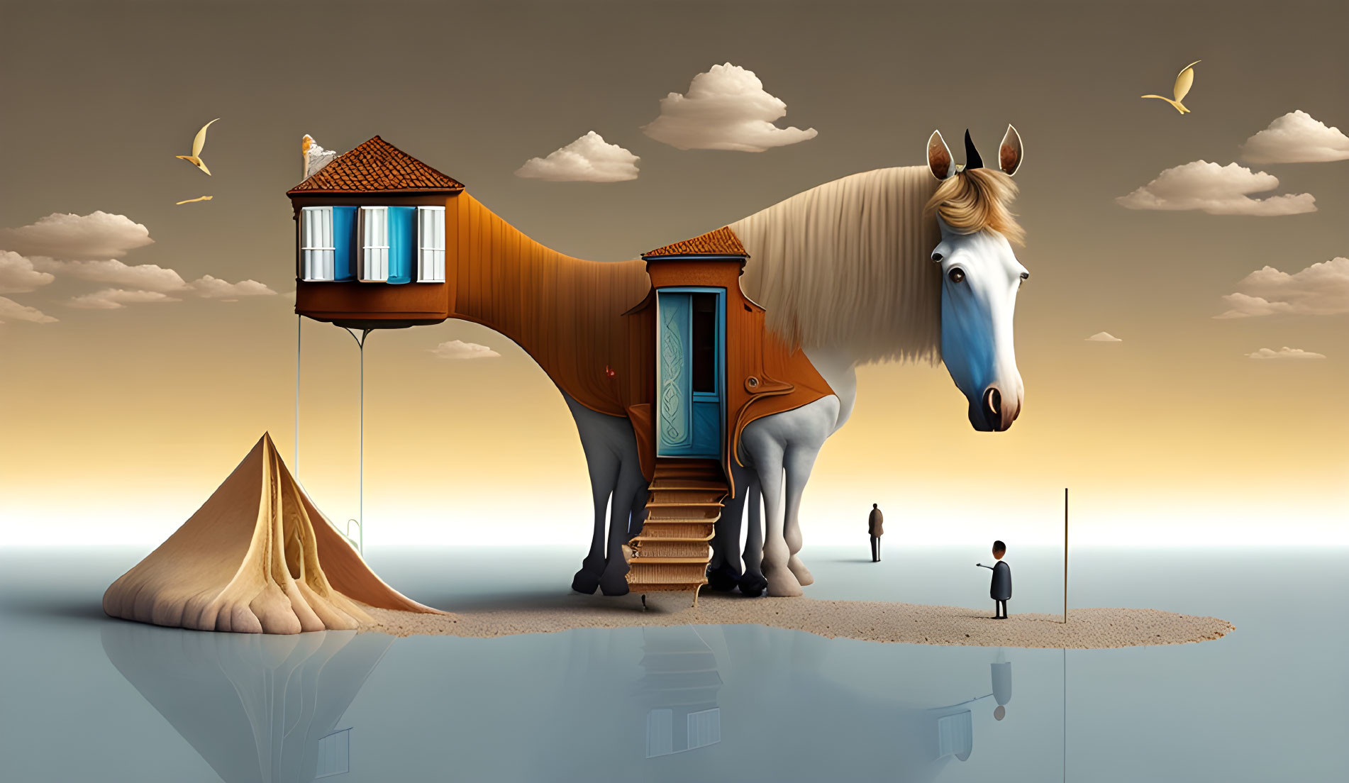 Surreal image of giant horse with architectural body on islet with human figure in dusky sky